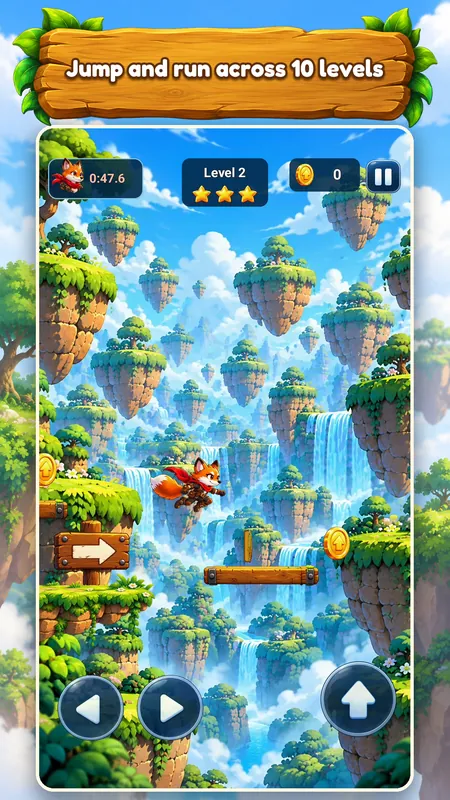 The fox running across floating islands in level 2 with touch controls