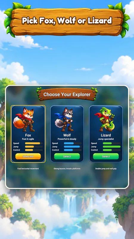 Choose your explorer screen with Fox, Wolf and Lizard and their stats