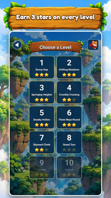 Level select with ten levels and the stars earned in each