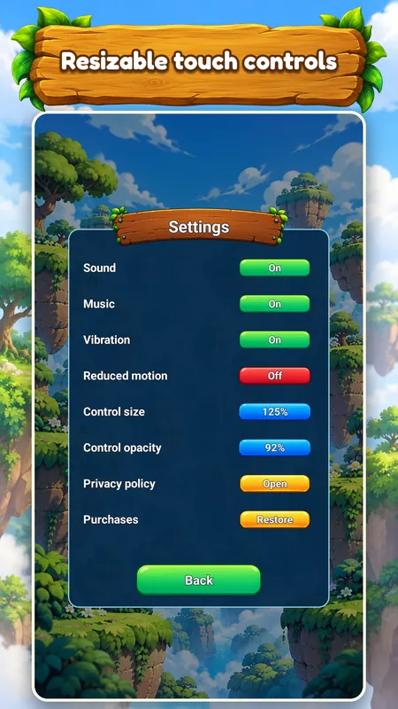 Settings with sound, music, vibration, control size and control opacity