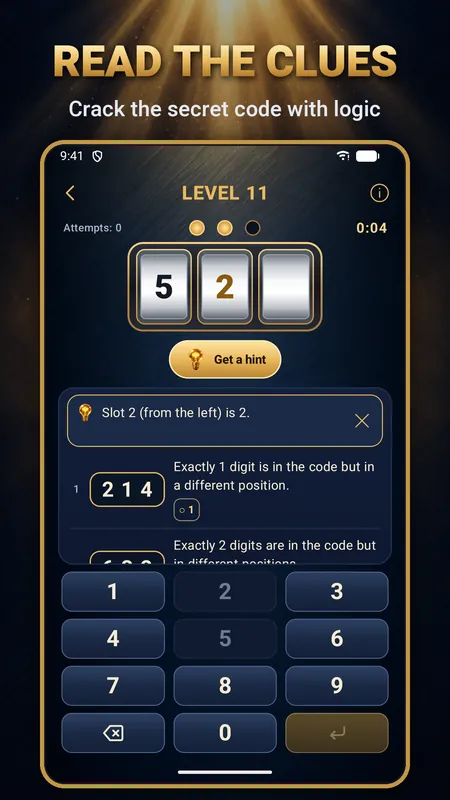 Crack the Vault level 11 with a four slot code entry, clue rows and a number keypad