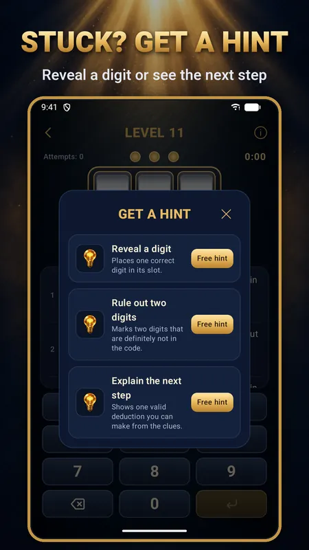The hint menu offering to reveal a digit, rule out two digits or explain the next step