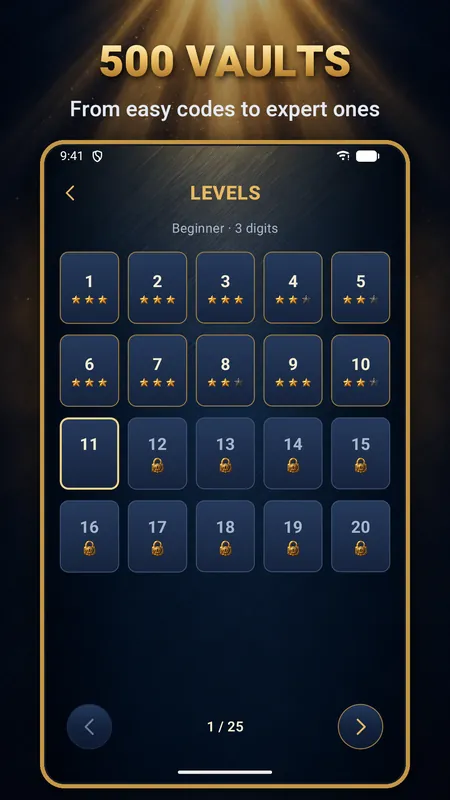 Level select screen with the first vaults of the Beginner tier and their stars