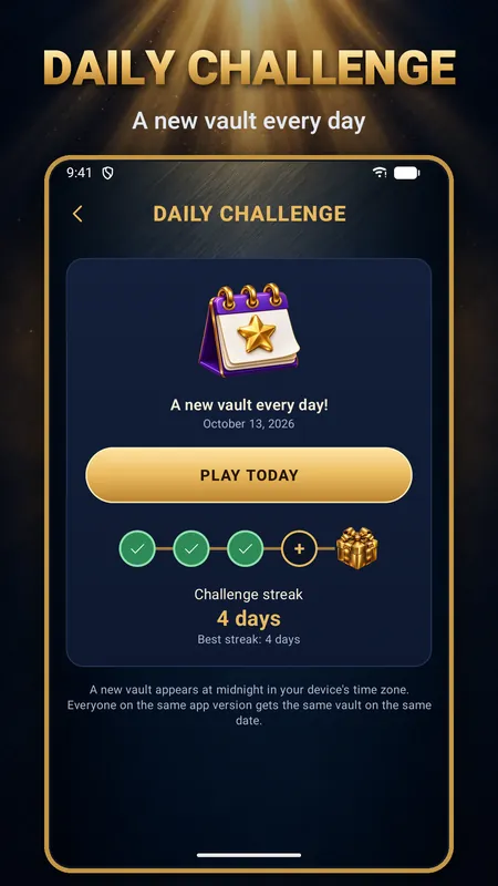 Daily challenge card with a calendar icon, a Play today button and a four day streak