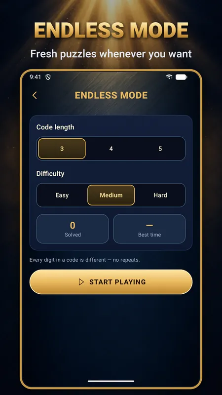 Endless mode settings with code length 3, 4 or 5 and Easy, Medium or Hard difficulty