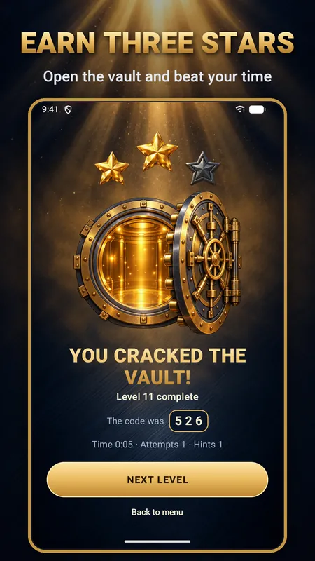 Victory screen with an open golden vault, three stars and the code 526