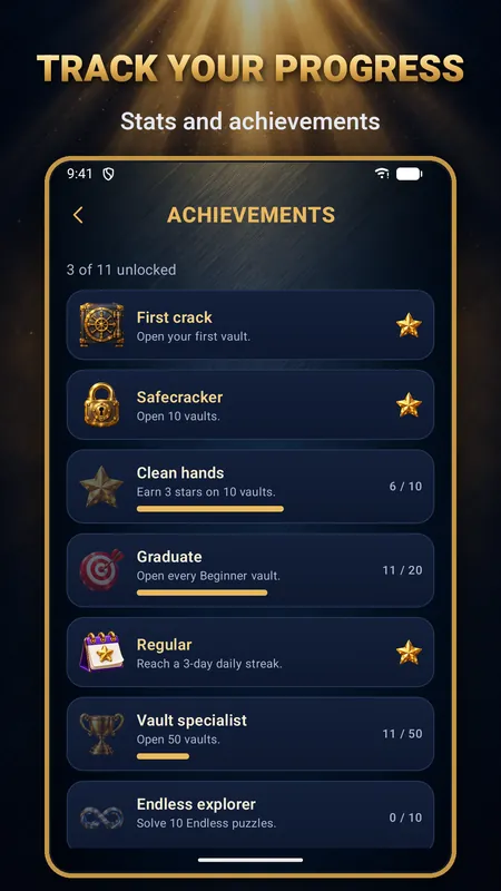 Achievements list with First crack, Safecracker and other goals