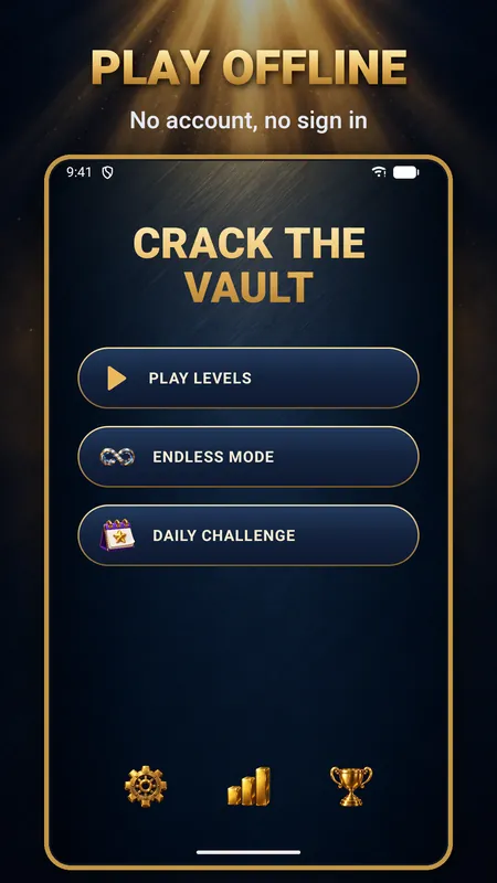Crack the Vault home screen with Play levels, Endless mode and Daily challenge buttons