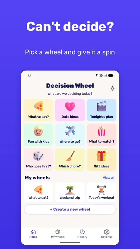 Decision Wheel home screen with ten ready made wheels such as What to eat and Date ideas