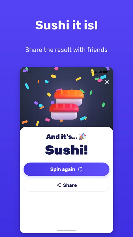 The result screen announcing Sushi with Spin again and Share buttons