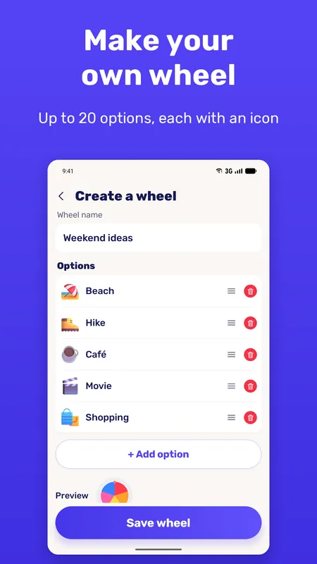 Create a wheel screen with five options and a preview