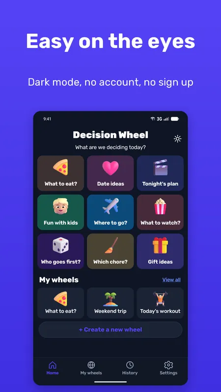 The home screen in dark mode