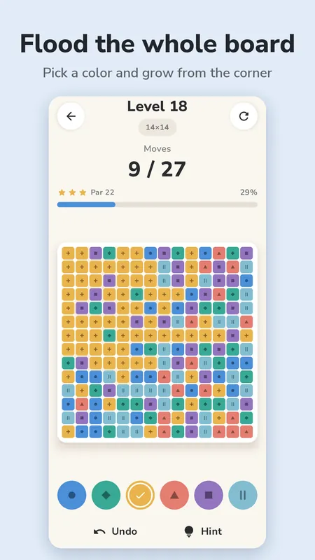 A 14x14 Flood It board with six colors, a move counter of 9 of 27 and color buttons