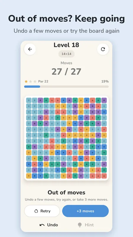 The out of moves screen offering a retry or three extra moves