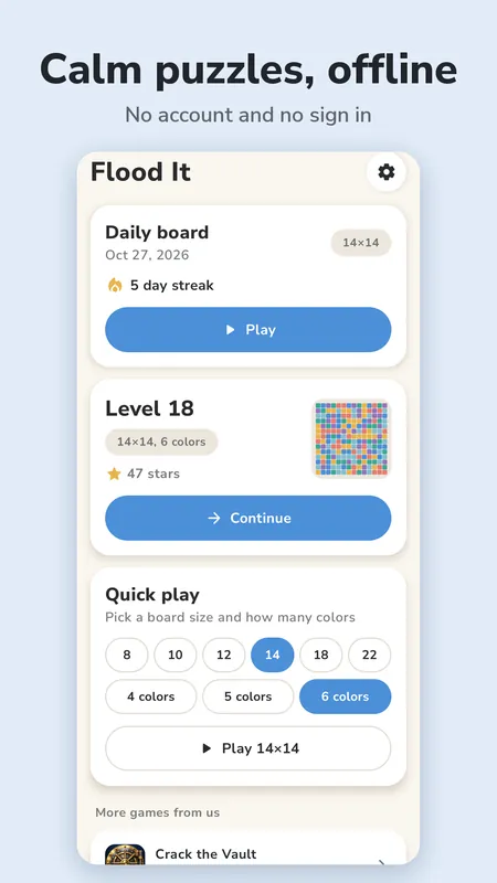 Home screen with the daily board, the current level and quick play sizes