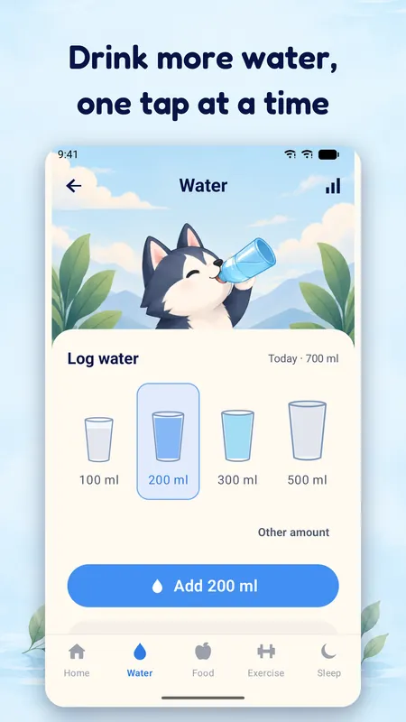 The water screen with a husky drinking and glass sizes from 100 to 500 ml