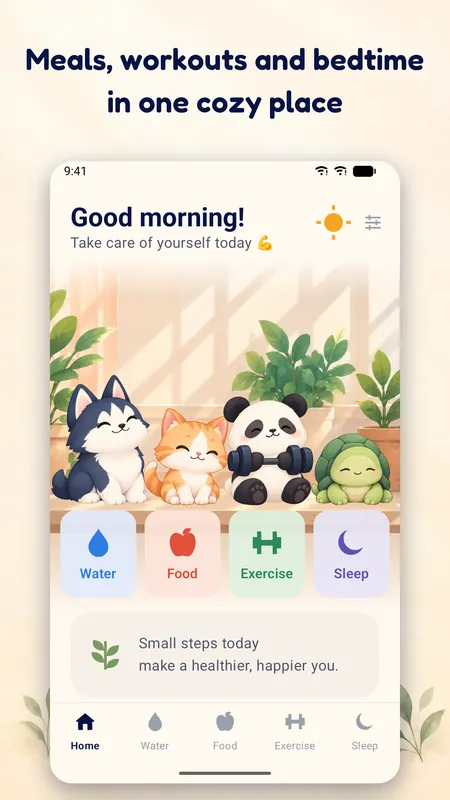 Home screen with the husky, cat, panda and turtle on their shelf