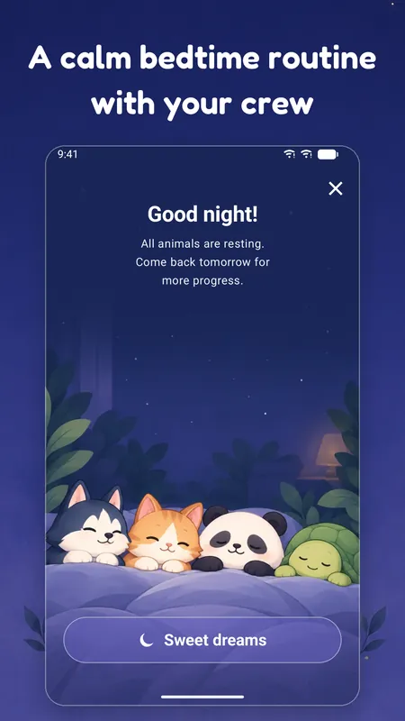 The good night screen with all four animals asleep