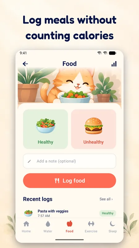 The food log with Healthy and Unhealthy buttons and recent meals
