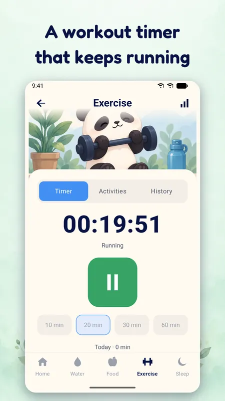 The workout timer counting down with the panda lifting a dumbbell