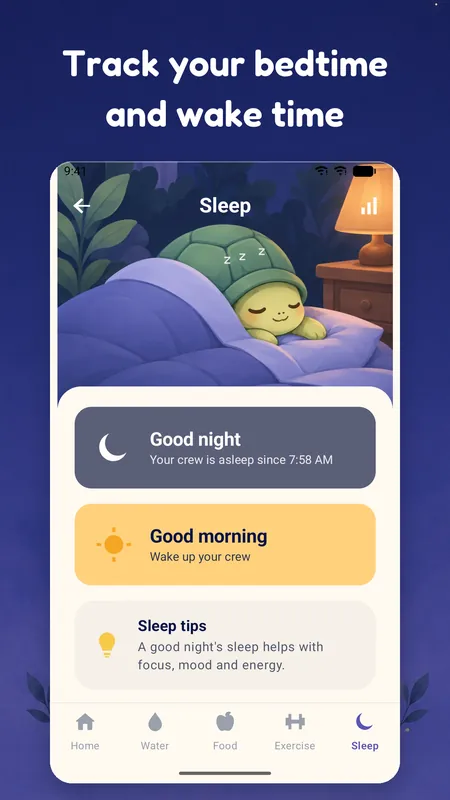 The sleep screen with Good night and Good morning buttons