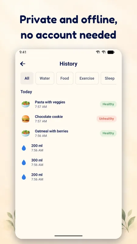 History list with meals and water entries for today