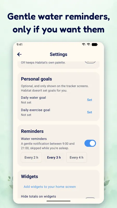 Settings with optional goals and water reminder times