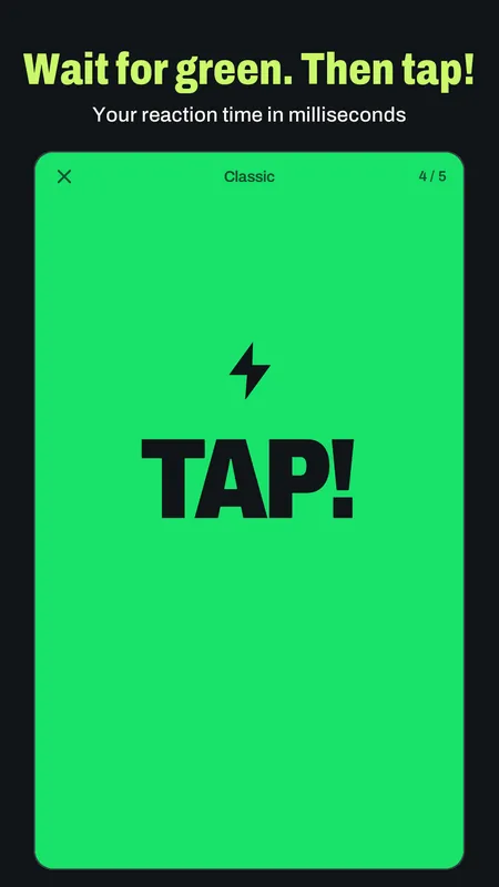 The green Tap screen of the classic reaction test