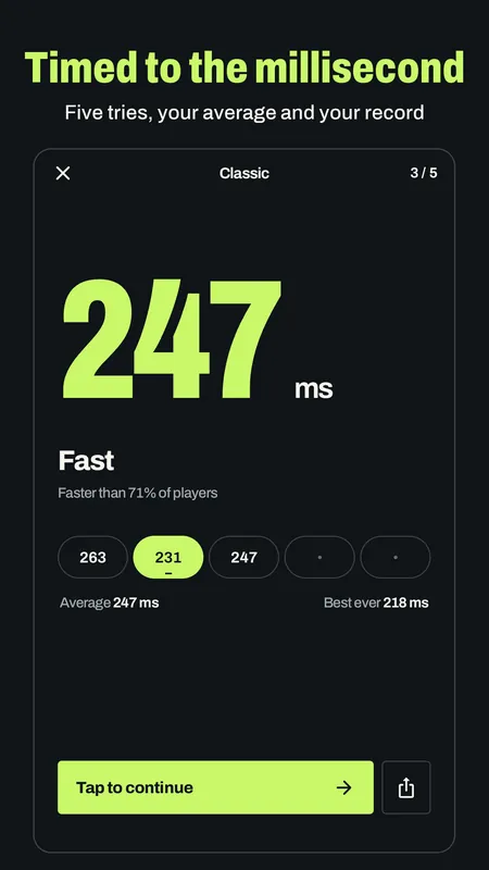A result of 247 ms with five tries and the average