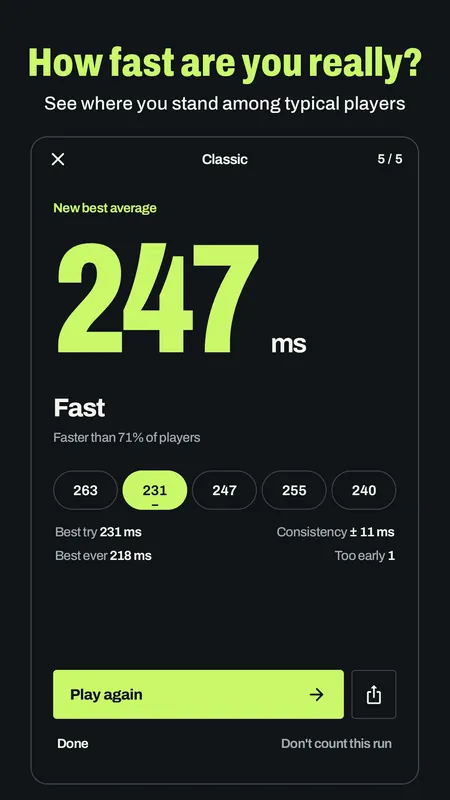 A new best average of 247 ms with each try listed