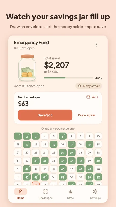 A 100 envelope emergency fund jar with 2,207 saved and the next envelope of 63