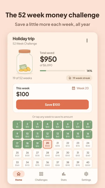 A 52 week holiday trip challenge with 950 saved and this week's amount