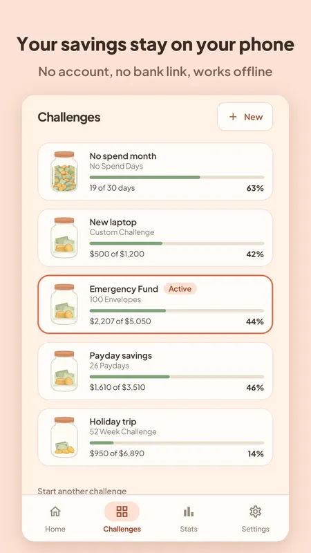 Challenges list with a no spend month, a laptop goal and other jars
