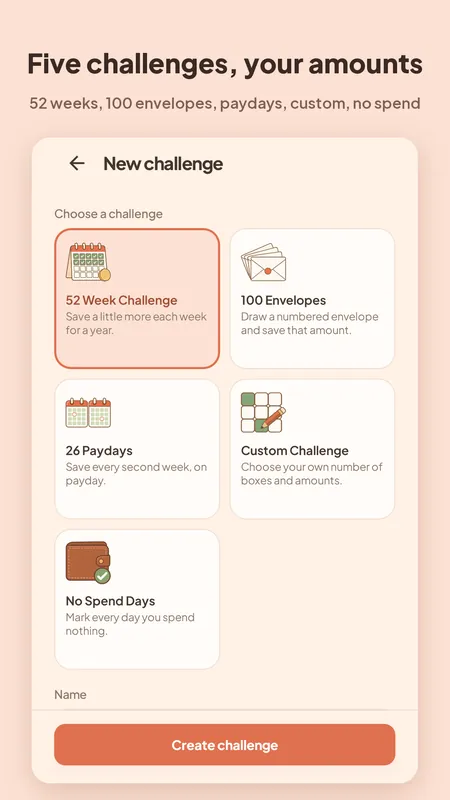 New challenge screen with 52 weeks, 100 envelopes, paydays, custom and no spend days