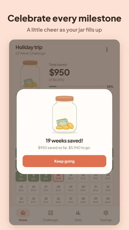 A milestone celebration for 19 weeks saved