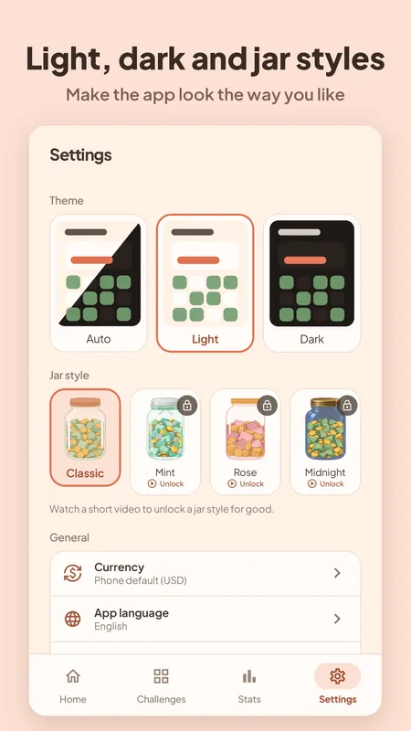 Settings with light, dark and auto themes and jar styles