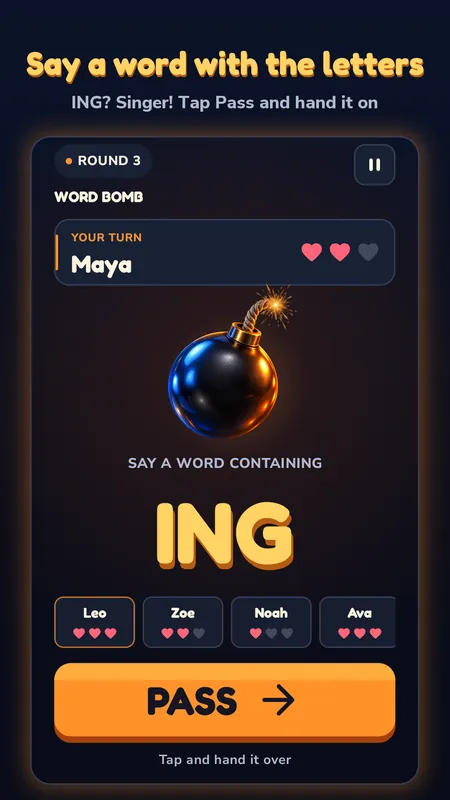 Maya's turn with the letters ING, a lit bomb and the Pass button