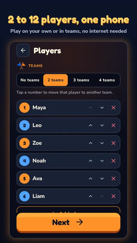 Players screen with two teams and six player names