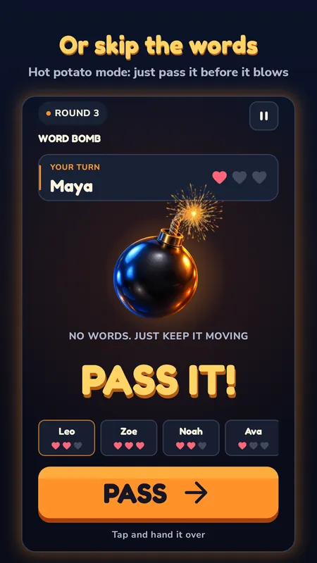 Hot potato mode where players just pass the bomb