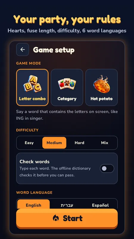 Game setup with letter combo, category and hot potato modes and difficulty