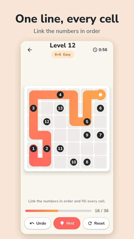 A 6x6 Zip Puzzle board with a coral path linking numbered cells in order