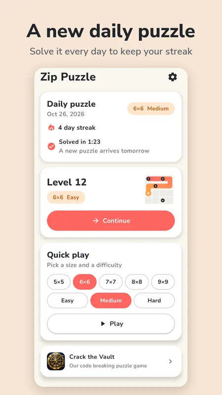 Home screen with the daily puzzle card, a level to continue and quick play sizes