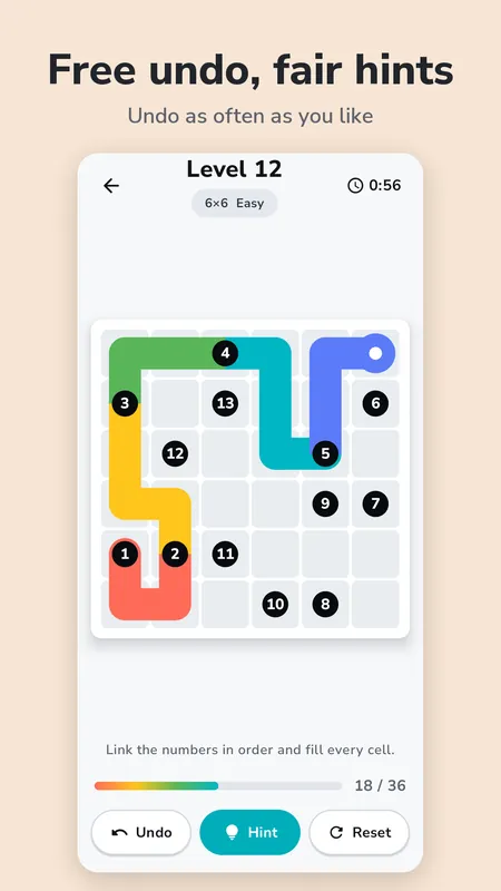 Undo, Hint and Reset buttons under a board drawn in segment colors