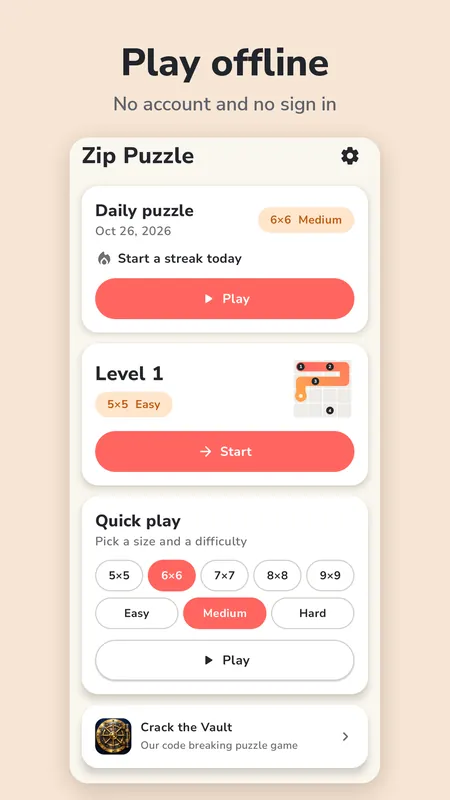 Home screen with the daily puzzle and quick play options